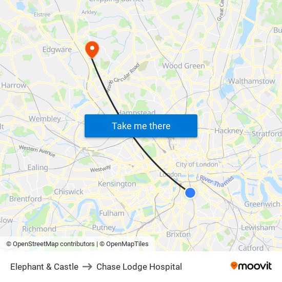 Elephant & Castle to Chase Lodge Hospital map