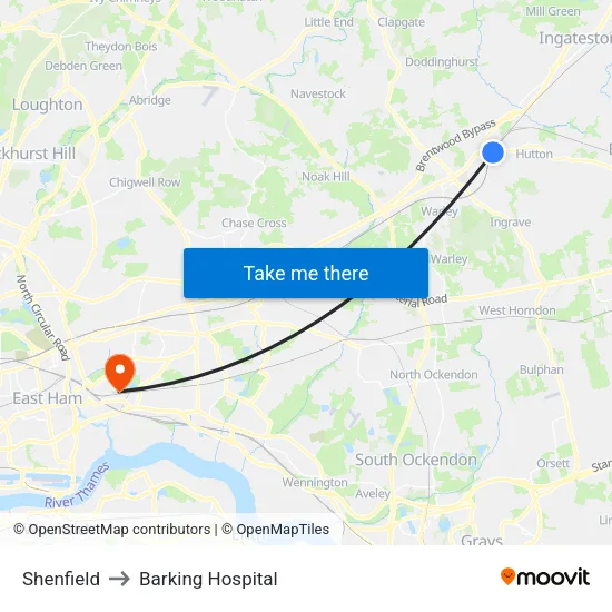 Shenfield to Barking Hospital map