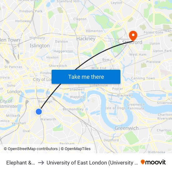 Elephant & Castle to University of East London (University Square Stratford) map