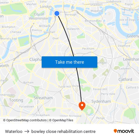 Waterloo to bowley close rehabilitation centre map