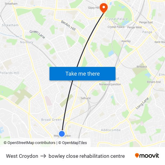 West Croydon to bowley close rehabilitation centre map