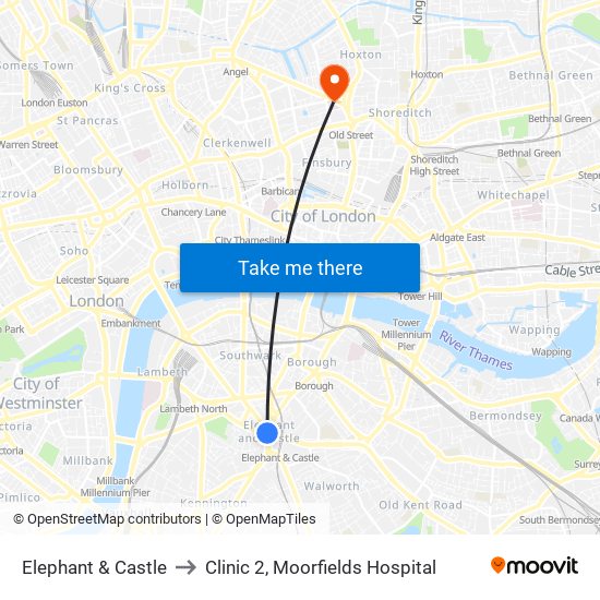 Elephant & Castle to Clinic 2, Moorfields Hospital map