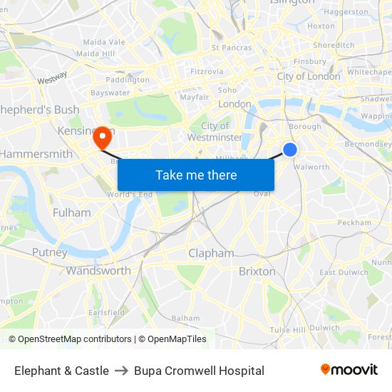 Elephant & Castle to Bupa Cromwell Hospital map