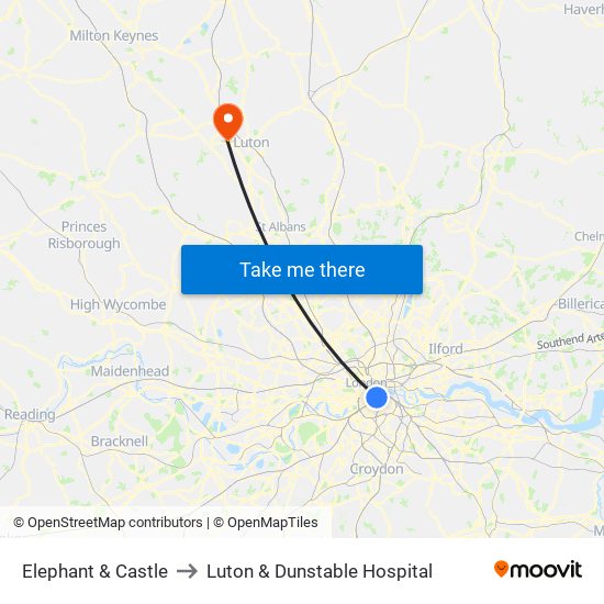 Elephant & Castle to Luton & Dunstable Hospital map