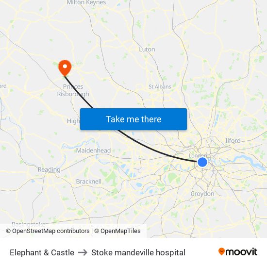 Elephant & Castle to Stoke mandeville hospital map