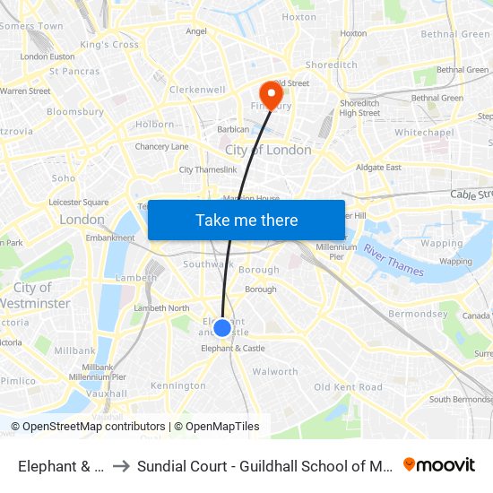 Elephant & Castle to Sundial Court - Guildhall School of Music and Drama map