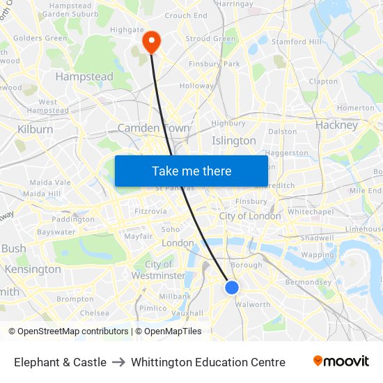 Elephant & Castle to Whittington Education Centre map