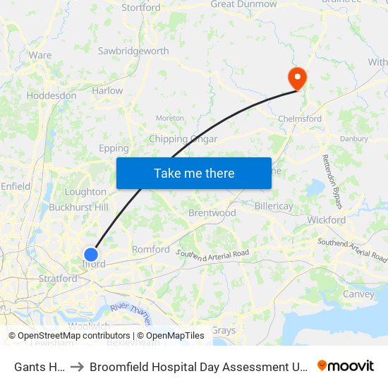 Gants Hill to Broomfield Hospital Day Assessment Unit map