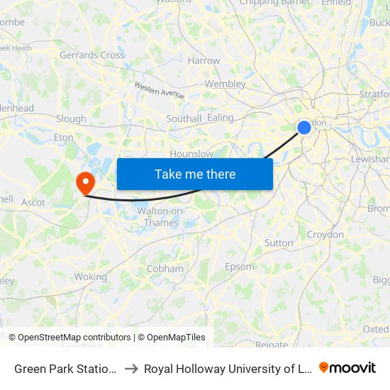Green Park Station (H) to Royal Holloway University of London map