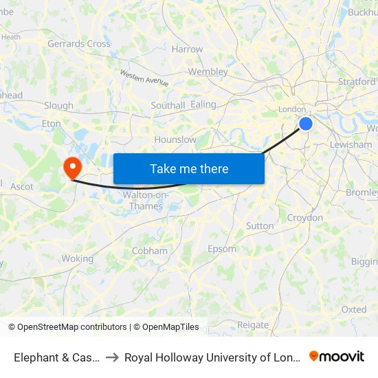 Elephant & Castle to Royal Holloway University of London map
