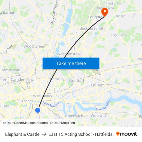 Elephant & Castle to East 15 Acting School - Hatfields map