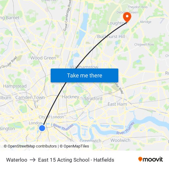 Waterloo to East 15 Acting School - Hatfields map