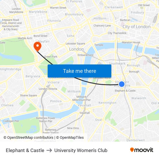 Elephant & Castle to University Women's Club map