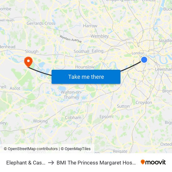 Elephant & Castle to BMI The Princess Margaret Hospital map