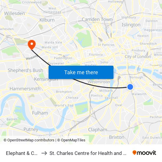 Elephant & Castle to St. Charles Centre for Health and Wellbeing map