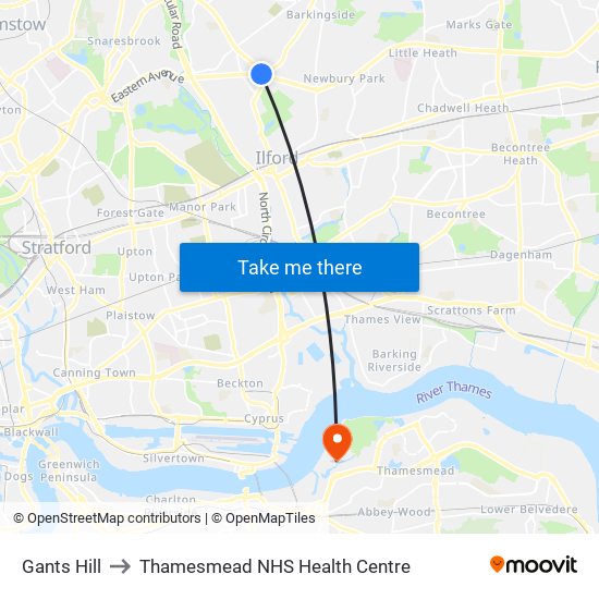 Gants Hill to Thamesmead NHS Health Centre map