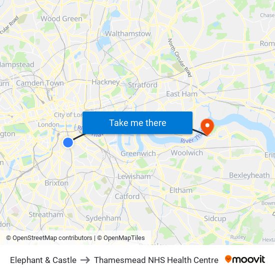 Elephant & Castle to Thamesmead NHS Health Centre map