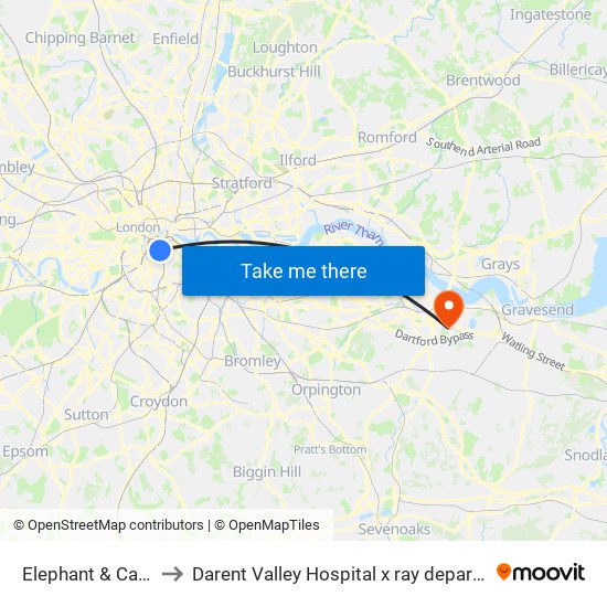 Elephant & Castle to Darent Valley Hospital x ray department map