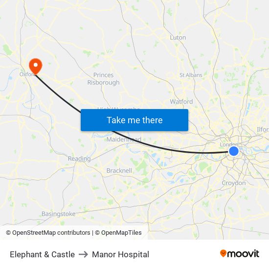 Elephant & Castle to Manor Hospital map