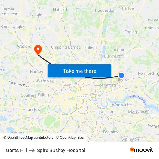Gants Hill to Spire Bushey Hospital map