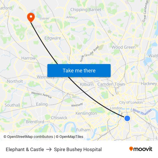 Elephant & Castle to Spire Bushey Hospital map