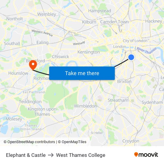 Elephant & Castle to West Thames College map