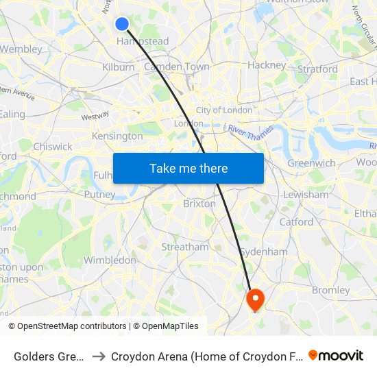 Golders Green to Croydon Arena (Home of Croydon FC) map