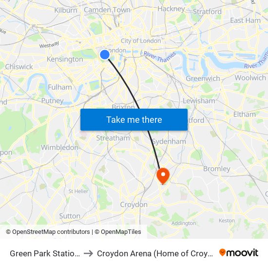 Green Park Station (H) to Croydon Arena (Home of Croydon FC) map