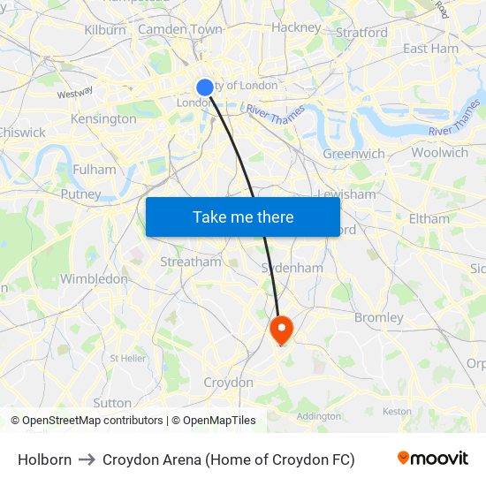 Holborn to Croydon Arena (Home of Croydon FC) map