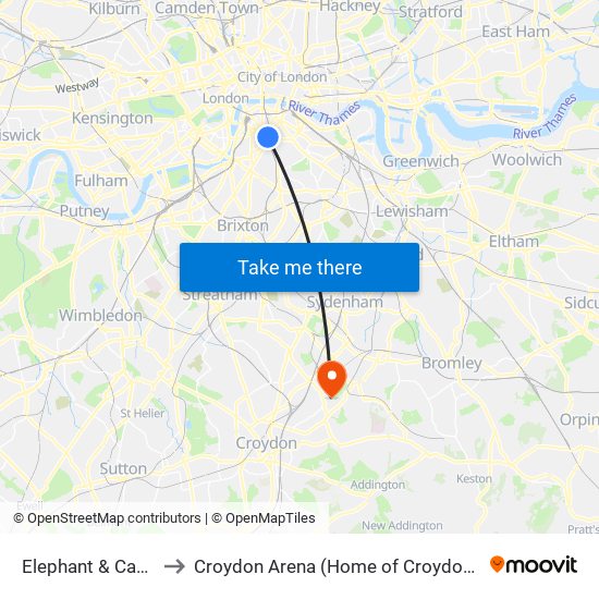 Elephant & Castle to Croydon Arena (Home of Croydon FC) map