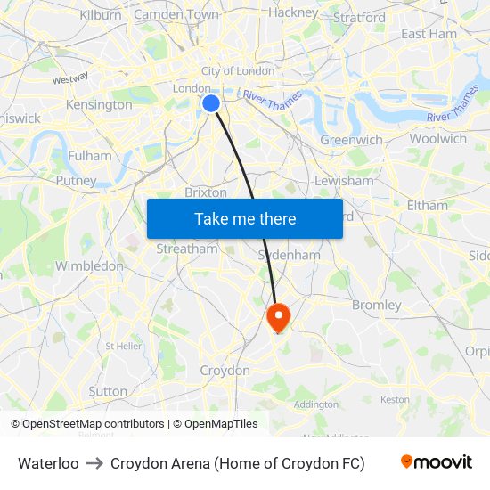 Waterloo to Croydon Arena (Home of Croydon FC) map