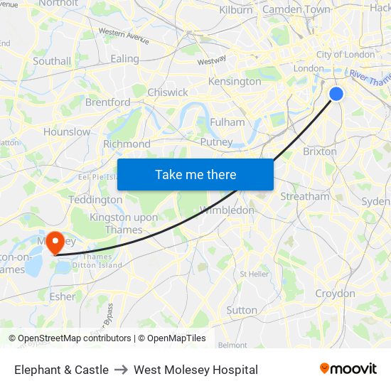 Elephant & Castle to West Molesey Hospital map