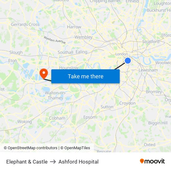 Elephant & Castle to Ashford Hospital map