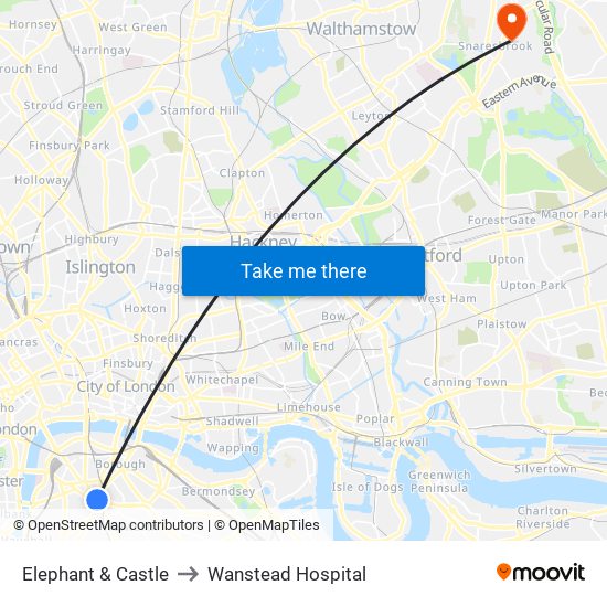 Elephant & Castle to Wanstead Hospital map