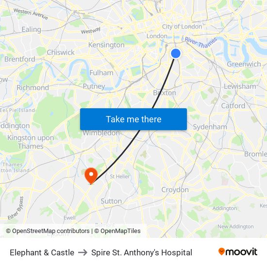 Elephant & Castle to Spire St. Anthony's Hospital map
