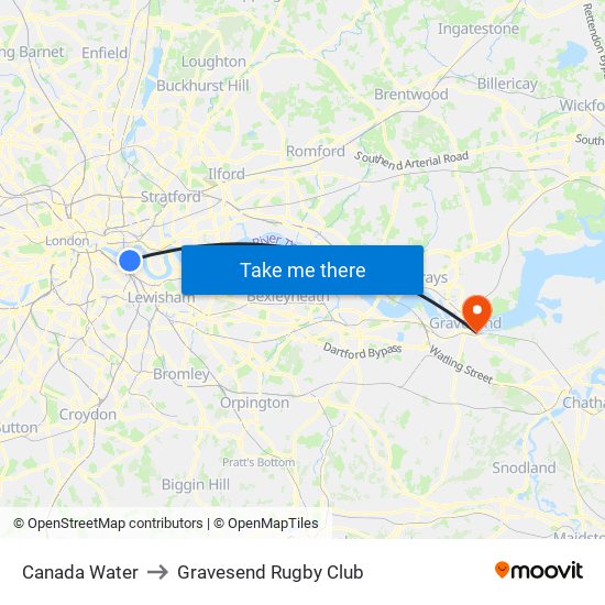 Canada Water to Gravesend Rugby Club map