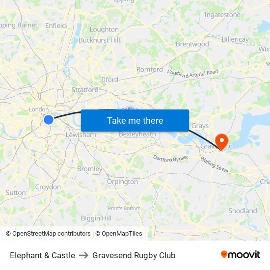 Elephant & Castle to Gravesend Rugby Club map
