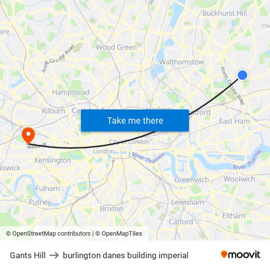 Gants Hill to burlington danes building imperial map