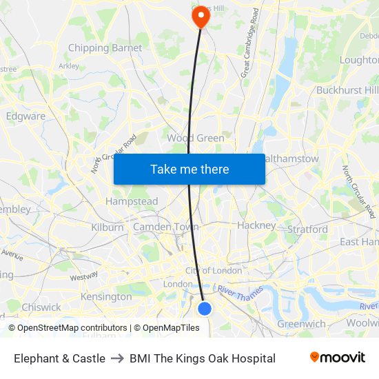 Elephant & Castle to BMI The Kings Oak Hospital map