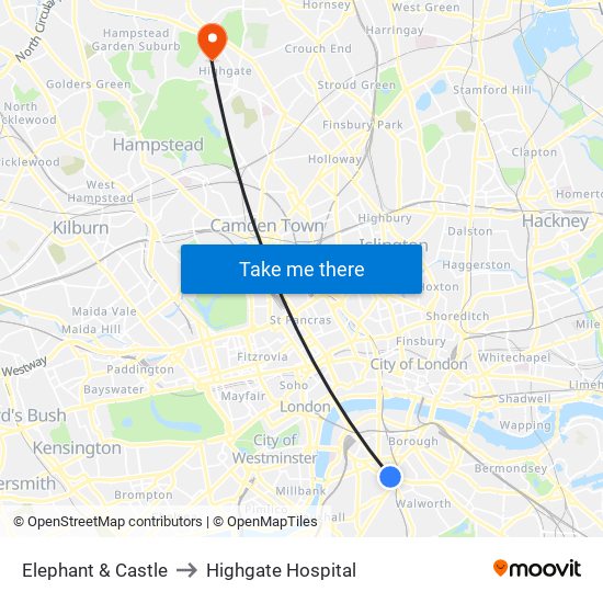 Elephant & Castle to Highgate Hospital map