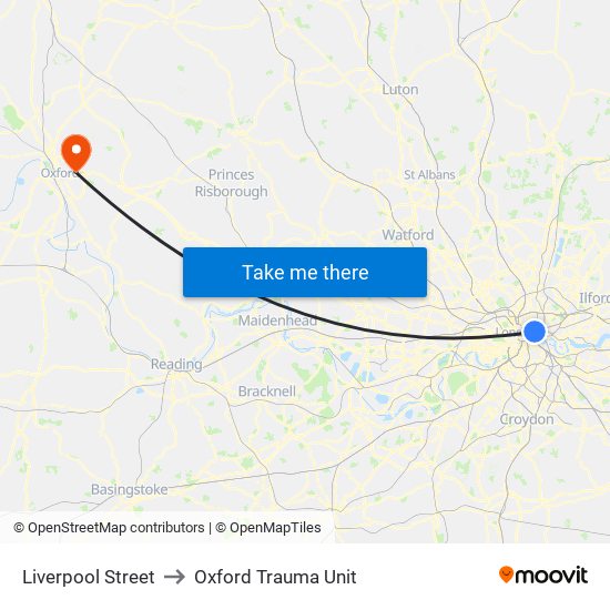 Liverpool Street to Oxford Trauma Unit map