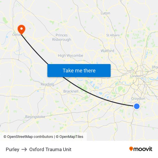 Purley to Oxford Trauma Unit map