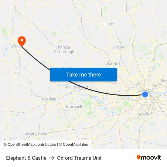 Elephant & Castle to Oxford Trauma Unit map