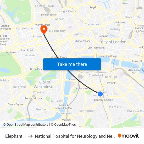 Elephant & Castle to National Hospital for Neurology and Neurosurgery at Cleveland Street map