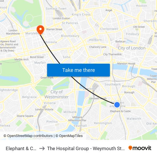 Elephant & Castle to The Hospital Group - Weymouth Street Clinic map