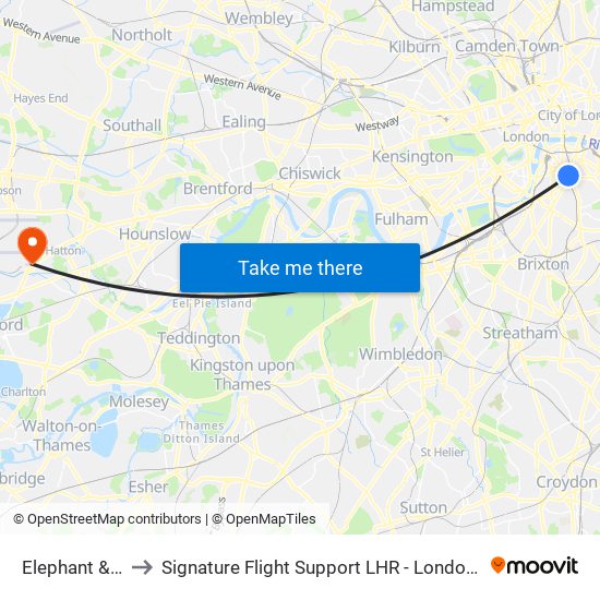 Elephant & Castle to Signature Flight Support LHR - London Heathrow Airport map