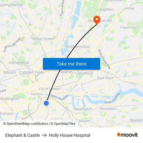 Elephant & Castle to Holly House Hospital map