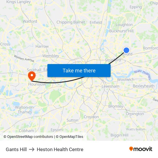 Gants Hill to Heston Health Centre map