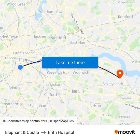 Elephant & Castle to Erith Hospital map