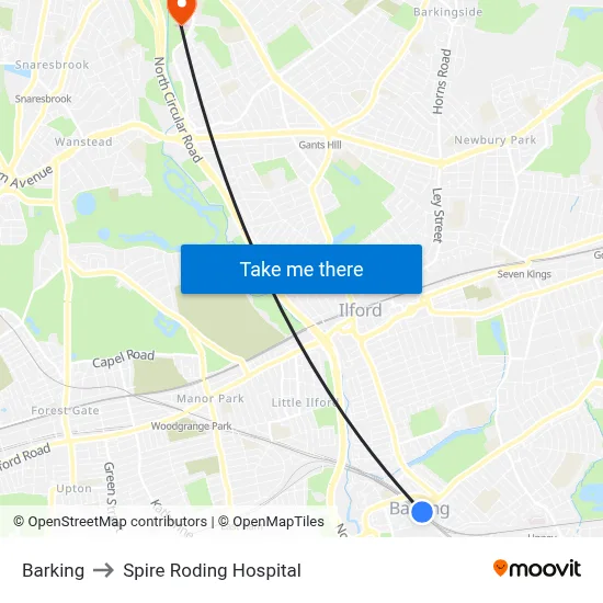 Barking to Spire Roding Hospital map